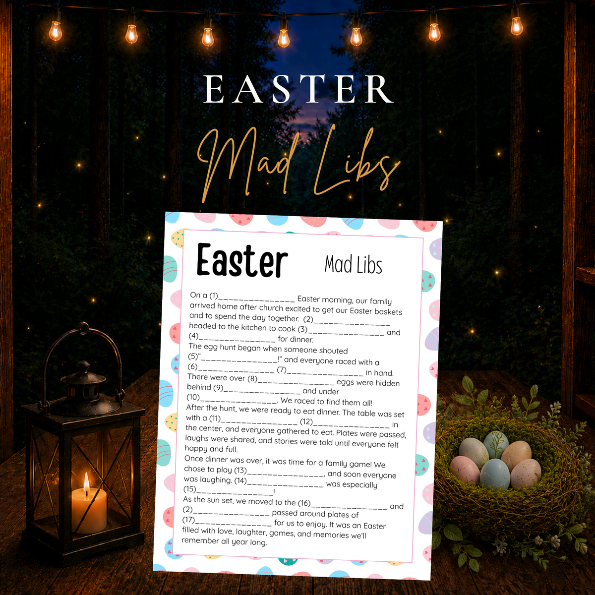 Easter Mad Libs printable game featuring a funny fill-in-the-blank Easter family story with colorful Easter egg borders