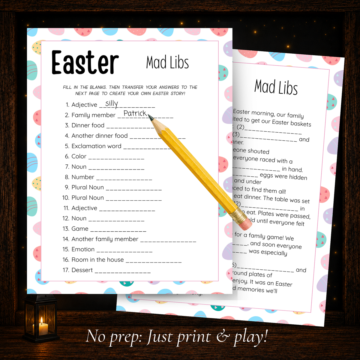 Two-page Easter Mad Libs printable showing 17 word prompts and a fill-in-the-blank Easter story
