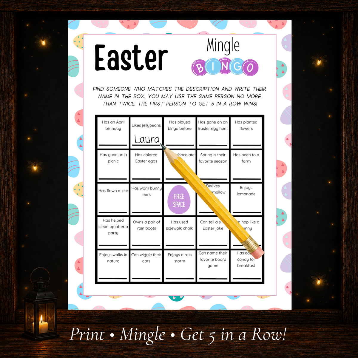 Easter Mingle Bingo printable worksheet with a 5 by 5 grid, free center space, sample name entry and pencil showing how to complete the game.