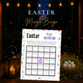 Easter Mingle Bingo printable icebreaker game cover featuring a colorful Easter egg border, conversation prompts and a bingo grid against a glowing woodland background.