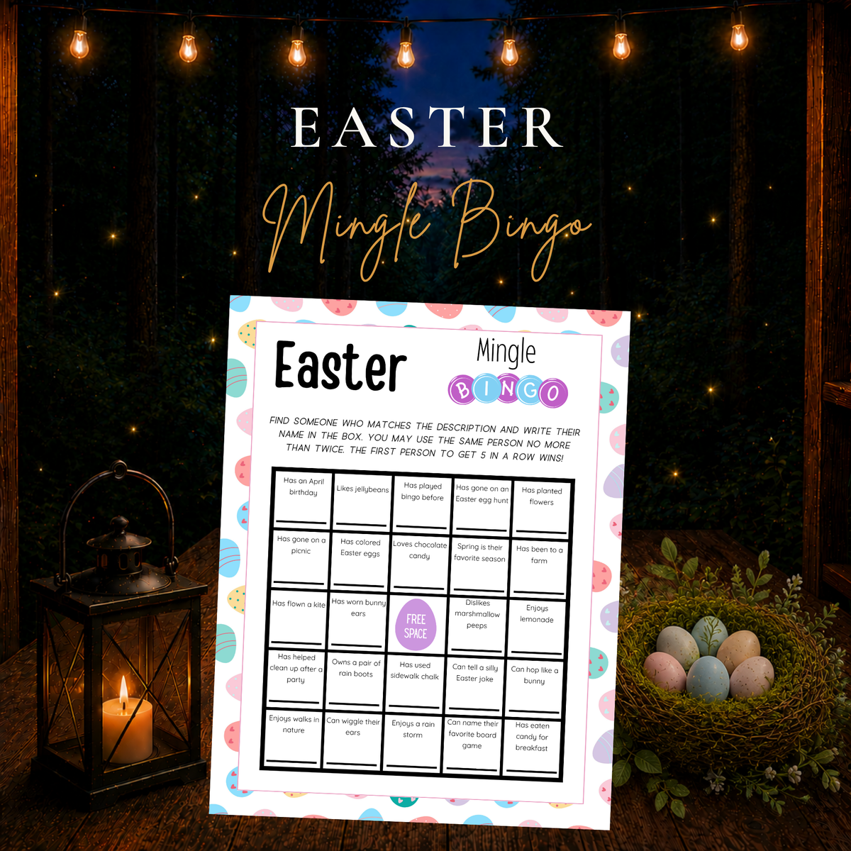 Easter Mingle Bingo printable icebreaker game cover featuring a colorful Easter egg border, conversation prompts and a bingo grid against a glowing woodland background.