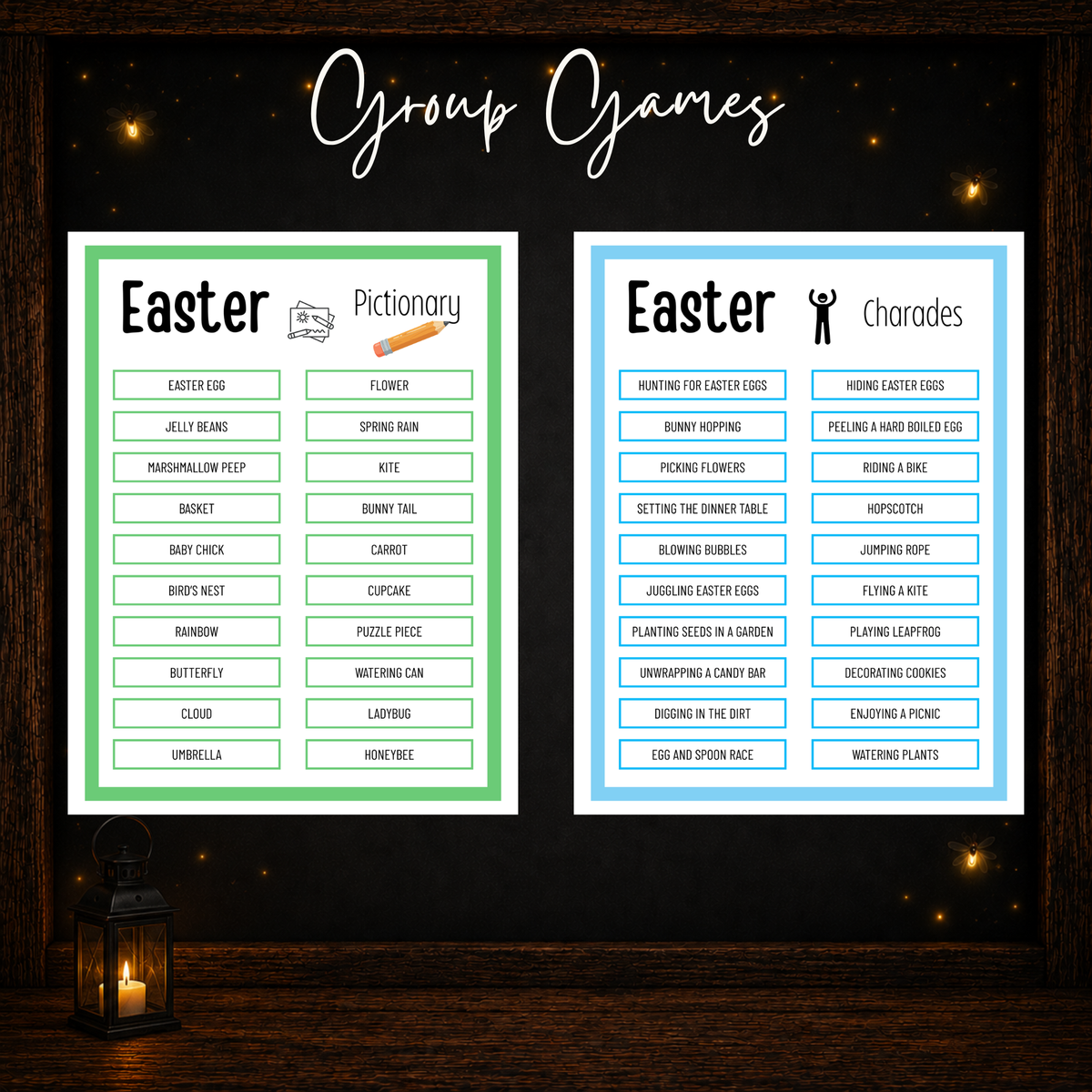 Easter printable Pictionary and Charades games with spring and Easter-themed drawing and acting prompts.