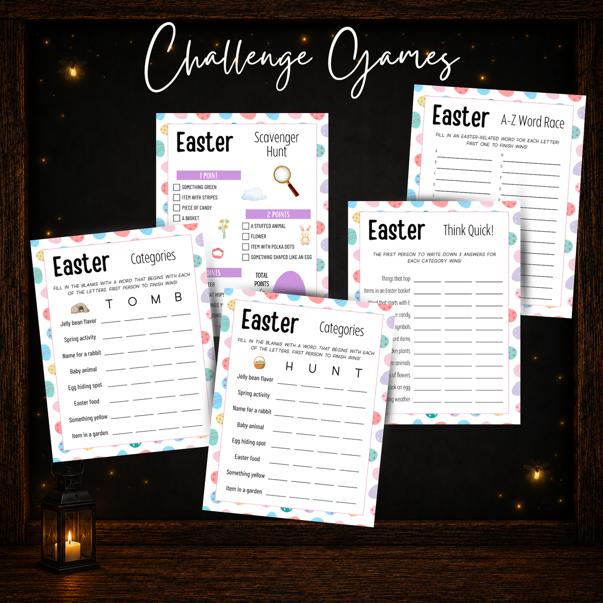 Easter challenge games featuring Categories, Scavenger Hunt, Think Quick, and A to Z Word Race.