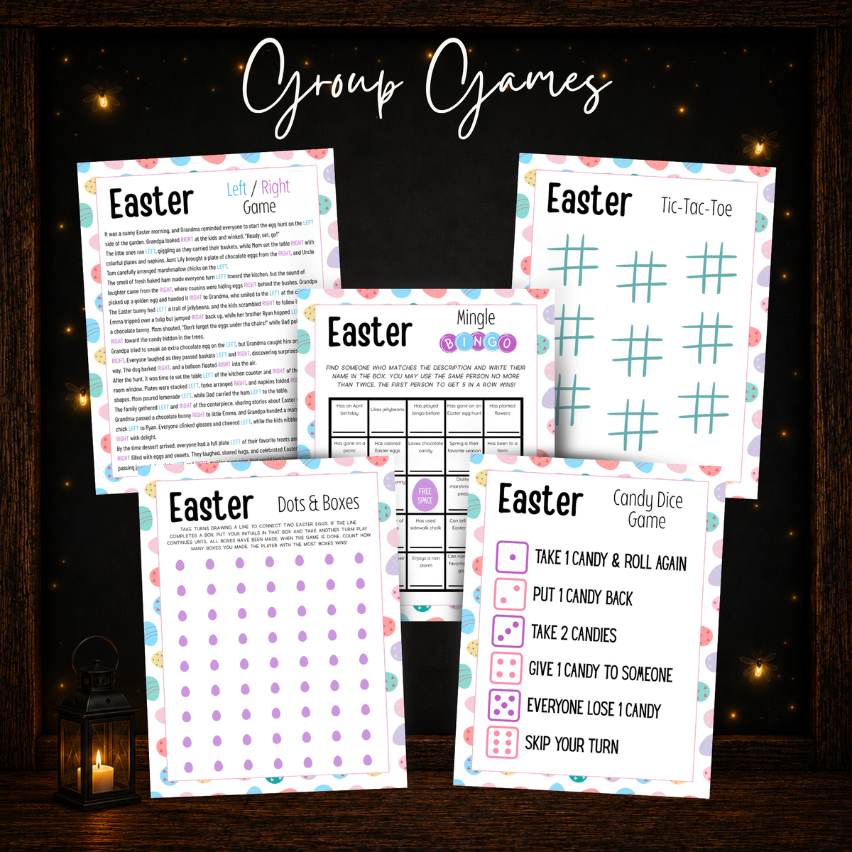 Easter group games including Left Right Game, Mingle Bingo, Tic Tac Toe, Dots and Boxes, and Candy Dice.
