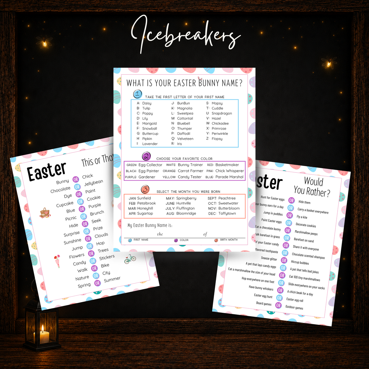 Easter icebreaker games including This or That, Would You Rather, and What Is Your Easter Bunny Name.