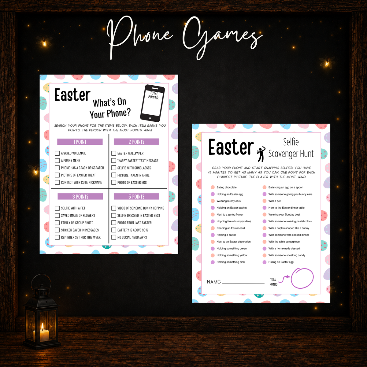Easter phone games featuring What's On Your Phone and Selfie Scavenger Hunt printable activities.
