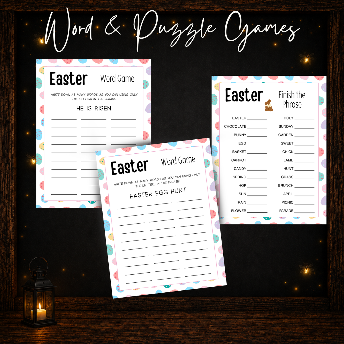 Easter word and puzzle games featuring Finish the Phrase and two Easter Word Games with He Is Risen and Easter Egg Hunt themes.
