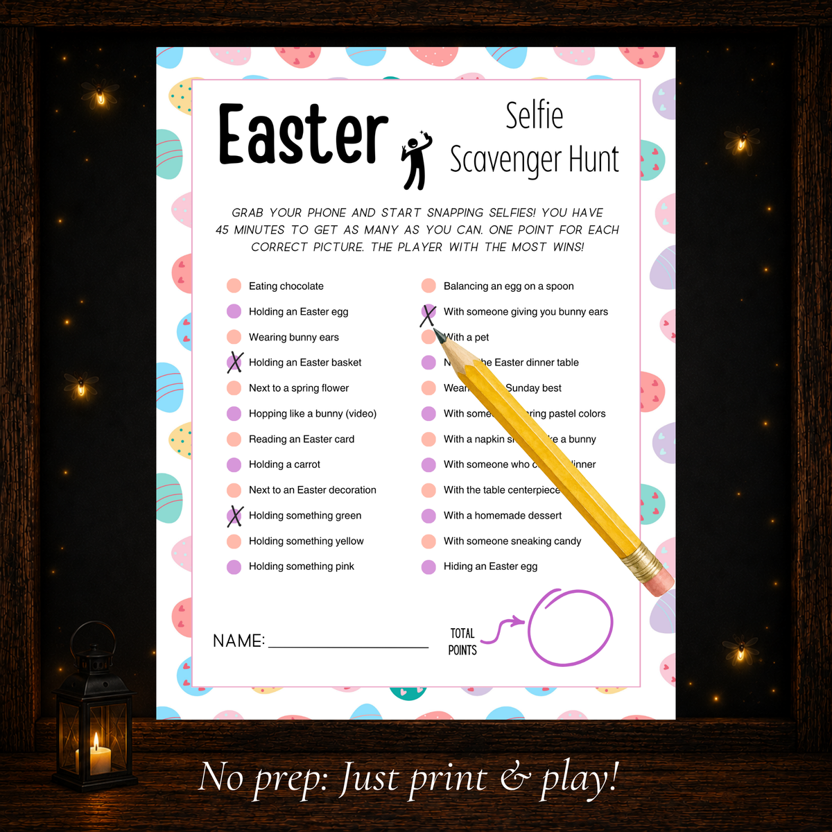 Printable Easter Selfie Scavenger Hunt game sheet showing photo challenges, checkmarks, and a total points section