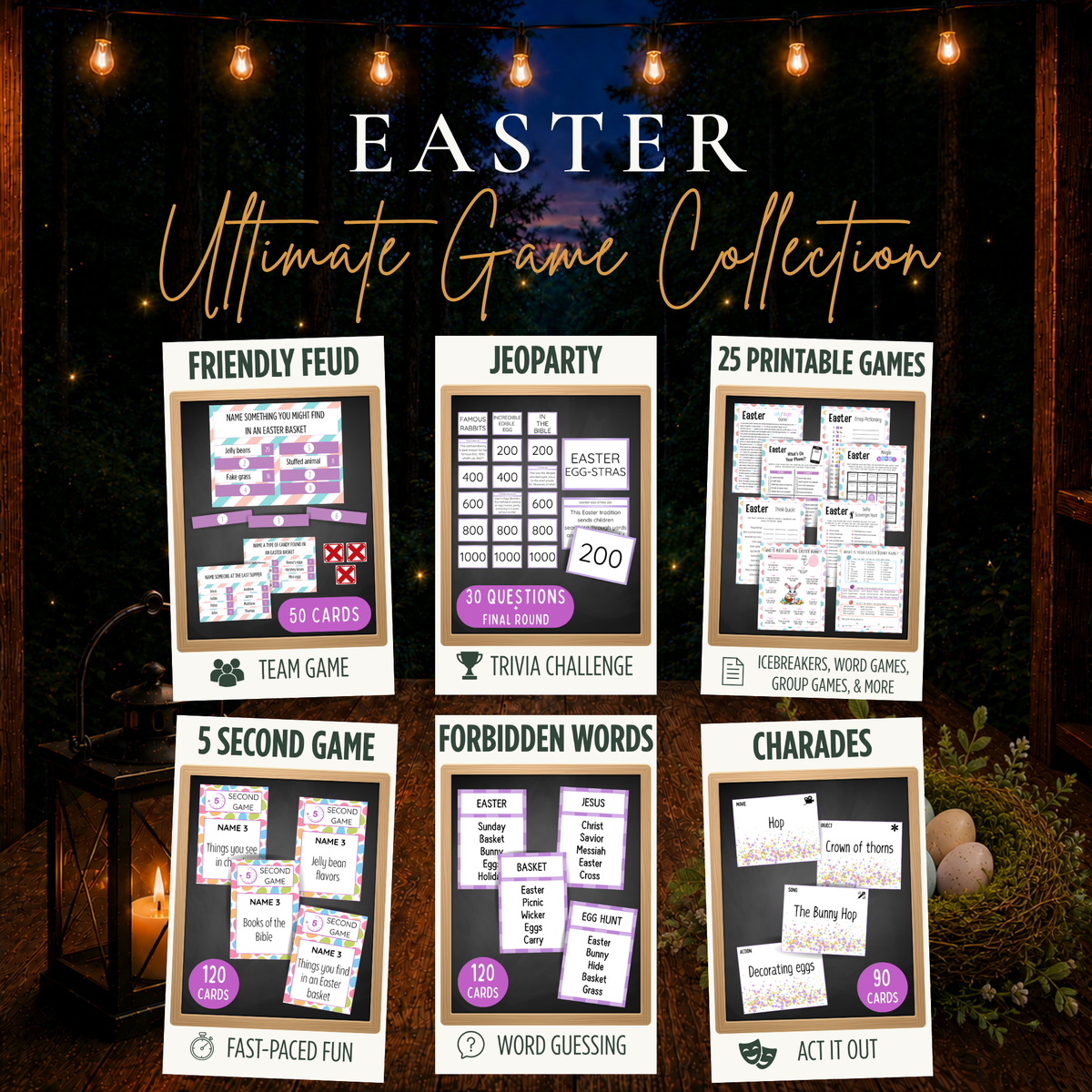Easter Ultimate Game Collection featuring Friendly Feud, Jeoparty, 5 Second Game, Forbidden Words, Charades and 25 printable Easter games