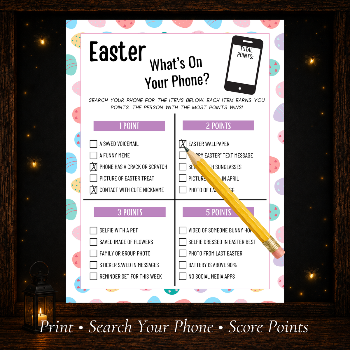 Close-up of Easter What's On Your Phone game showing 20 phone-search prompts with 1, 2, 3 and 5 point categories.