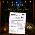 Easter What's On Your Phone printable party game with colorful Easter egg border and phone scavenger hunt prompts.
