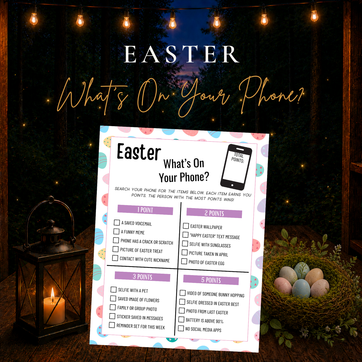 Easter What's On Your Phone printable party game with colorful Easter egg border and phone scavenger hunt prompts.