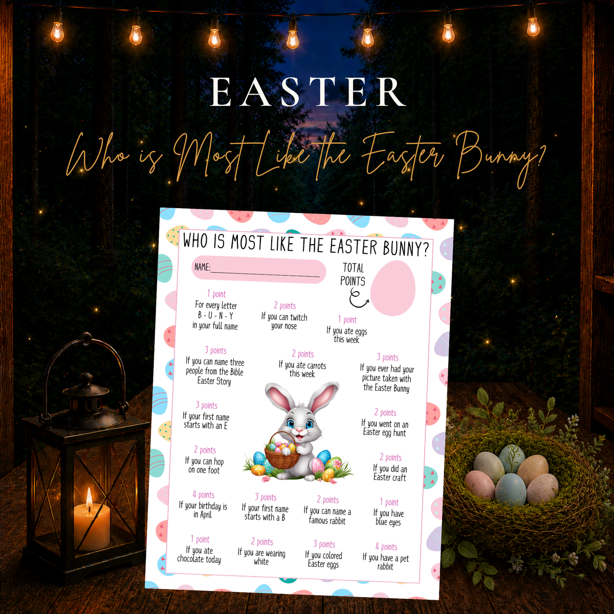 Who Is Most Like the Easter Bunny printable Easter party game displayed with a colorful bunny scoring sheet and Easter decorations