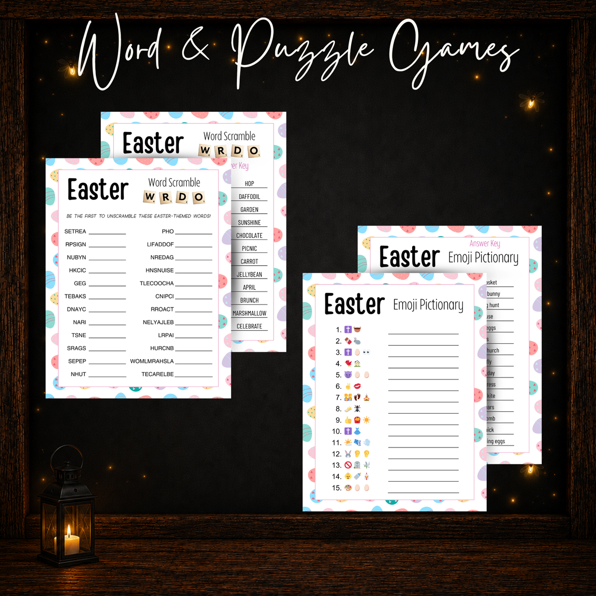 Easter Word Scramble and Emoji Pictionary printable games with matching answer keys.