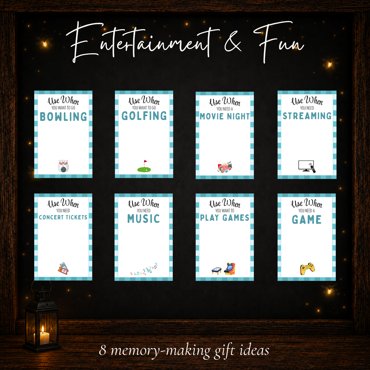 Eight Father's Day gift card ideas for entertainment including bowling, golfing, movie nights, music, concert tickets, and games.