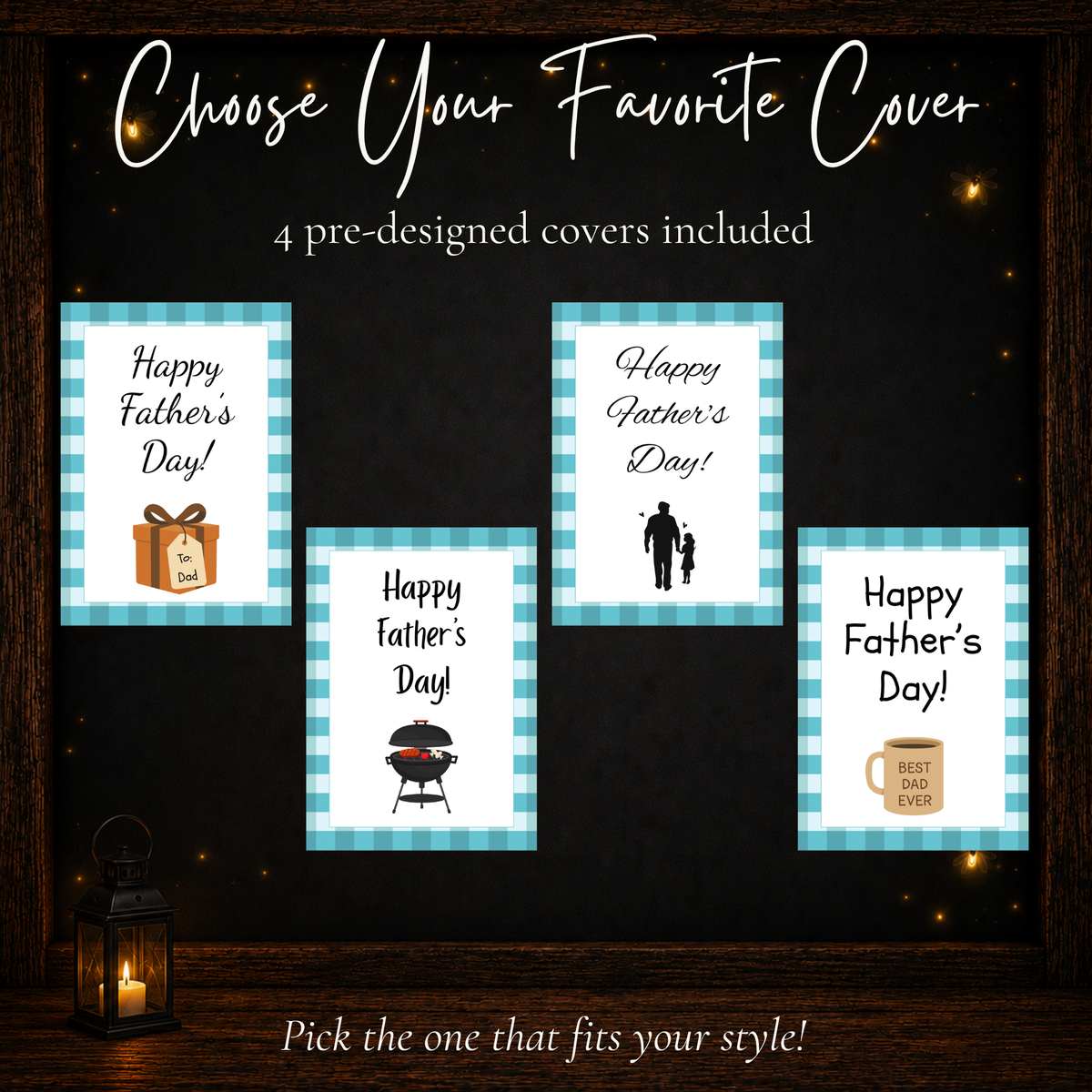 Four printable Father's Day Gift Card Book covers featuring a wrapped gift, father and child, barbecue grill, and Best Dad Ever coffee mug.