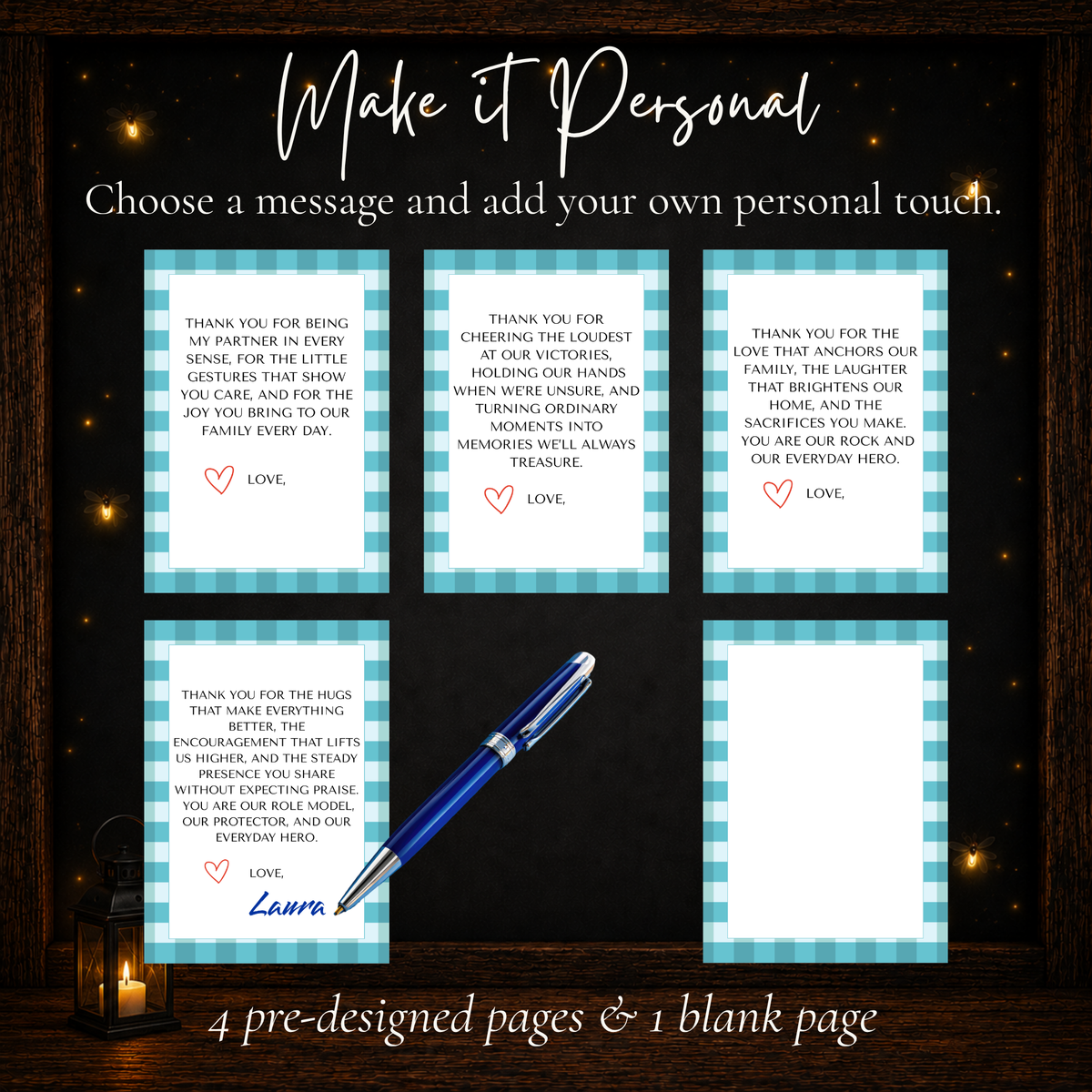Four pre-written Father's Day message pages and one blank message page for adding a personal handwritten note.