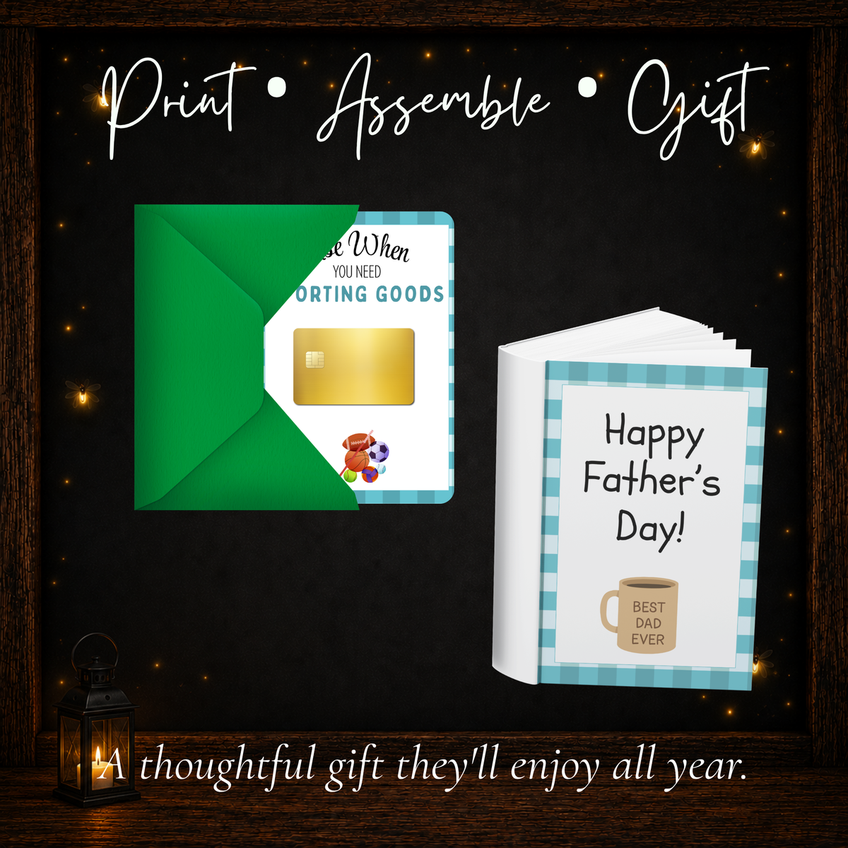 Father's Day Gift Card Book assembly examples showing a gift card inside an envelope and a completed printable book with Best Dad Ever cover.