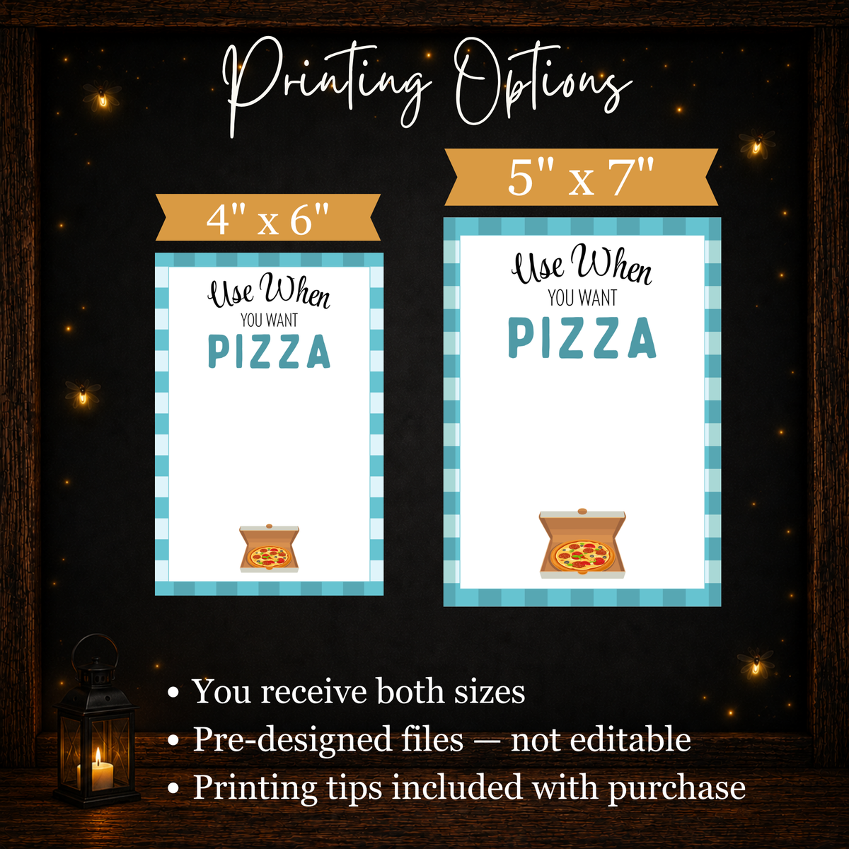 Side-by-side comparison of Father's Day printable gift card pages in 4x6 and 5x7 sizes with both pre-designed PDF sizes included.