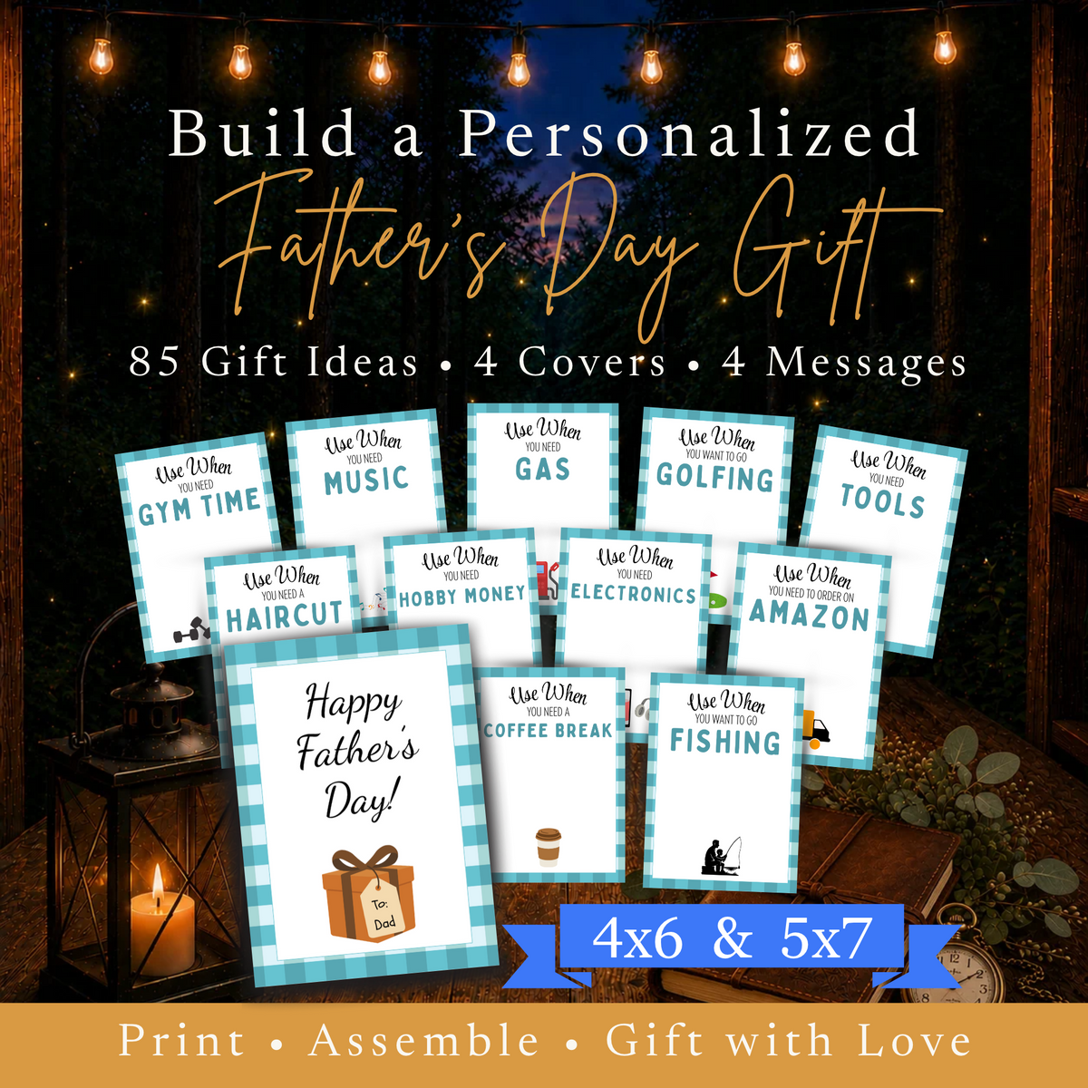 Printable Father's Day Gift Card Book featuring 85 gift ideas, four cover designs, four messages, and 4x6 and 5x7 sizes.
