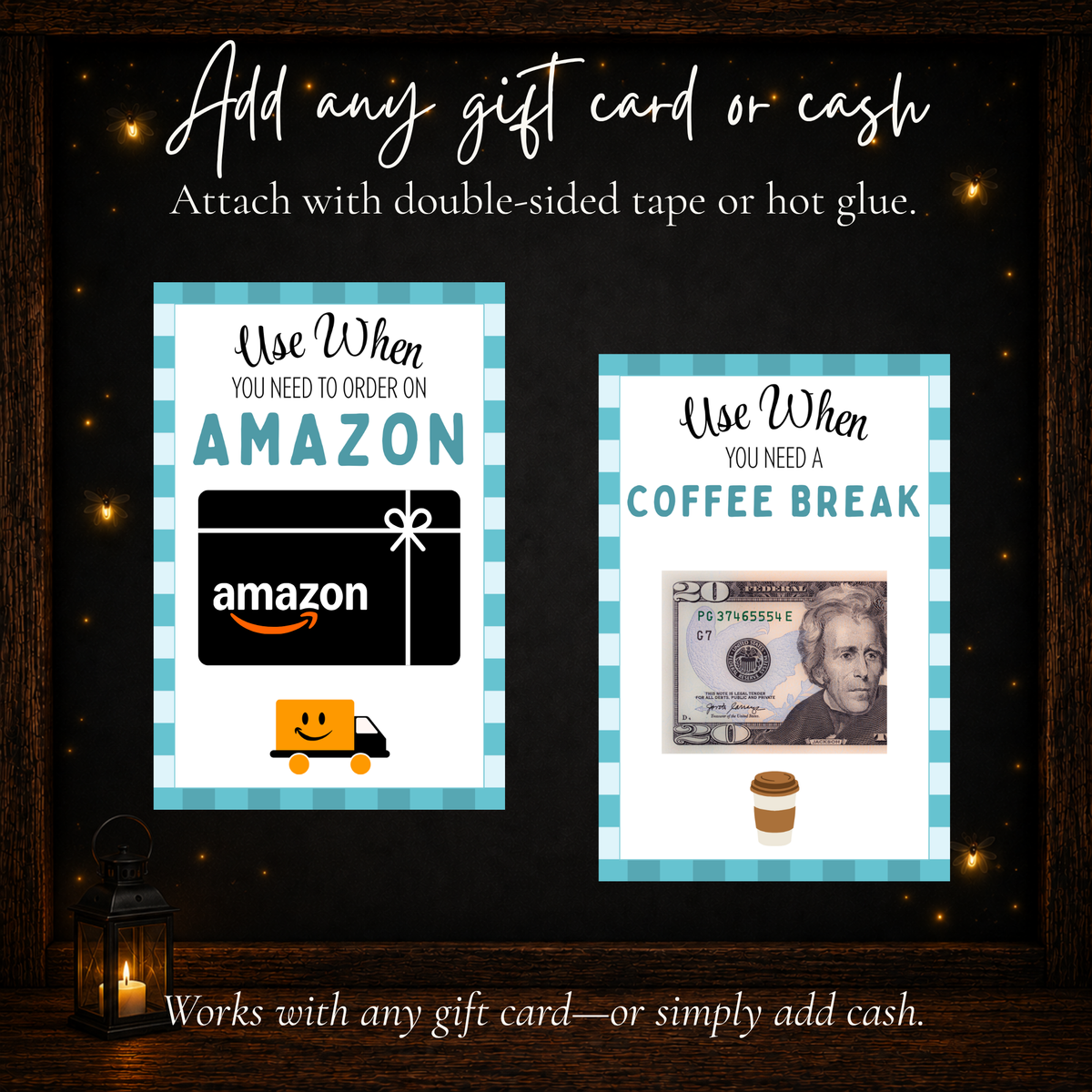 Printable Father's Day gift cards showing examples of an Amazon gift card and cash attached to coordinating gift idea pages.