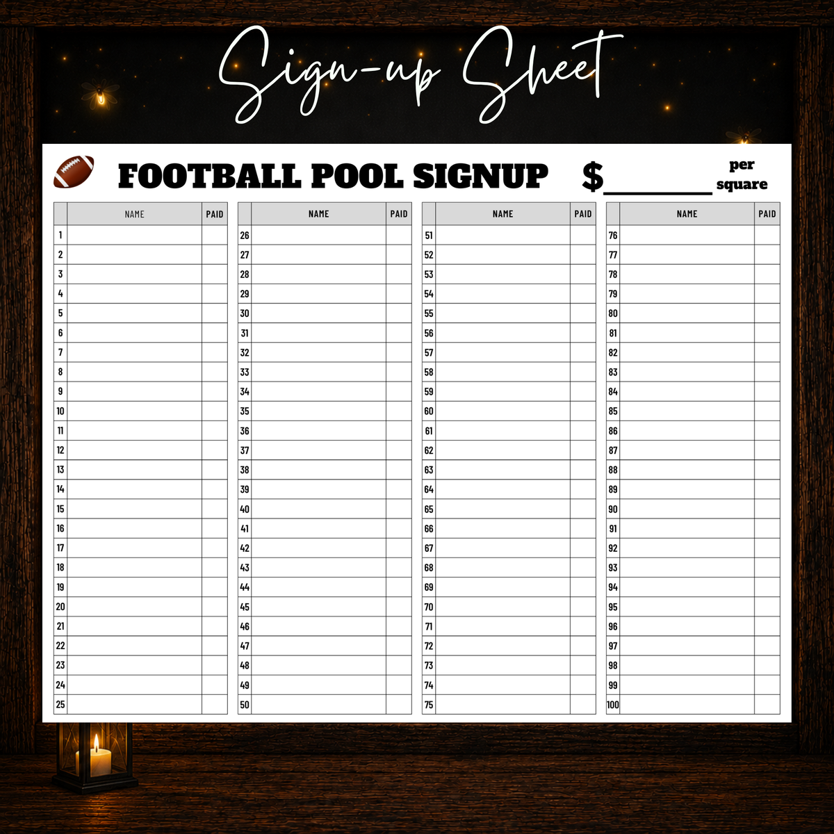 Printable 100-player football pool sign-up sheet with name and paid columns