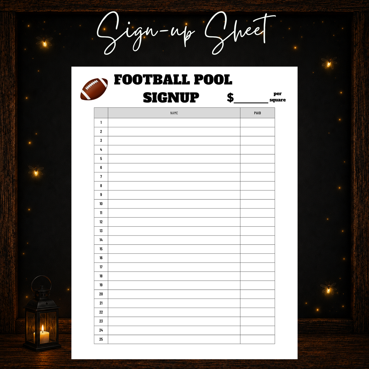 Printable 25-player football pool sign-up sheet with name and paid columns