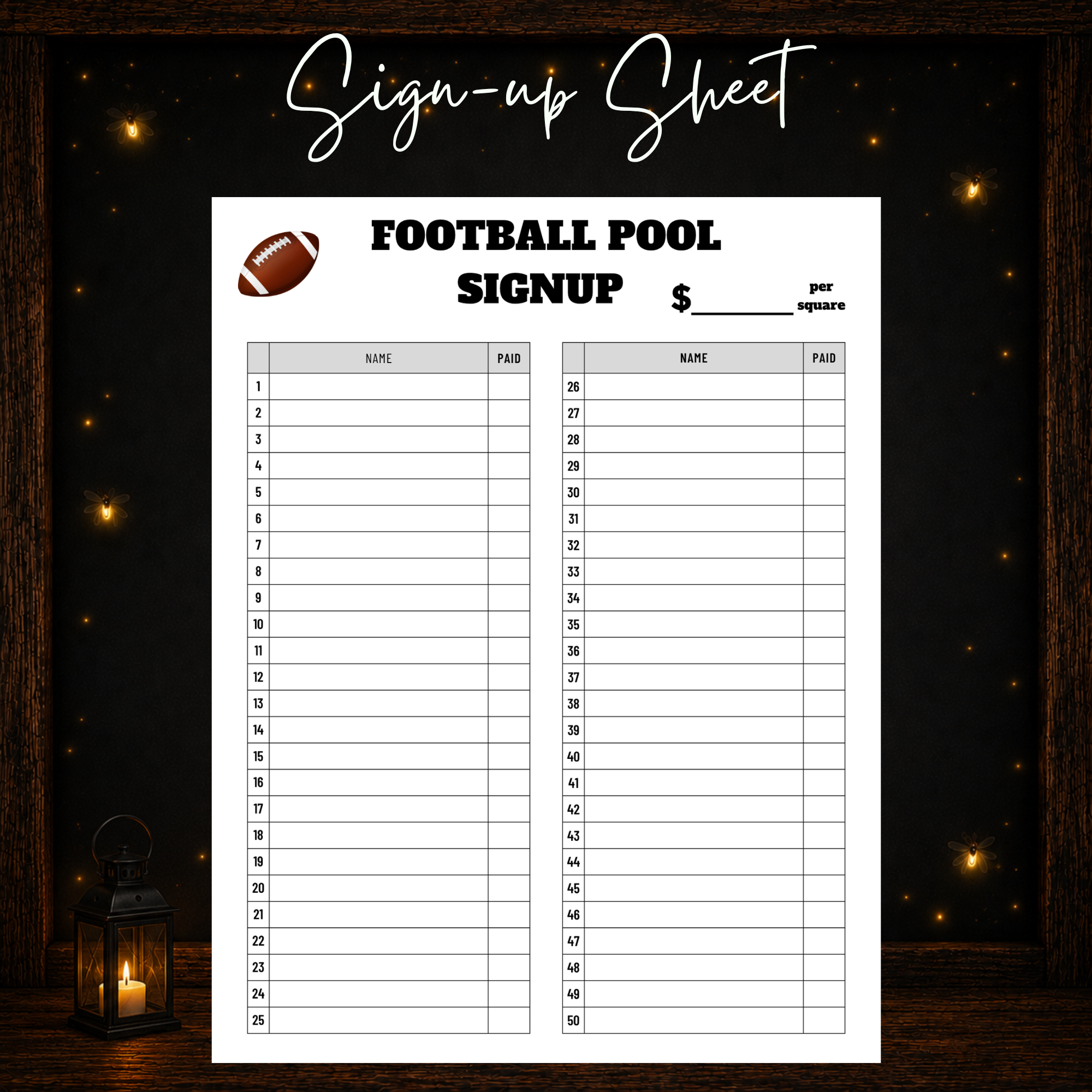 Printable 50-player football pool sign-up sheet with name and paid columns
