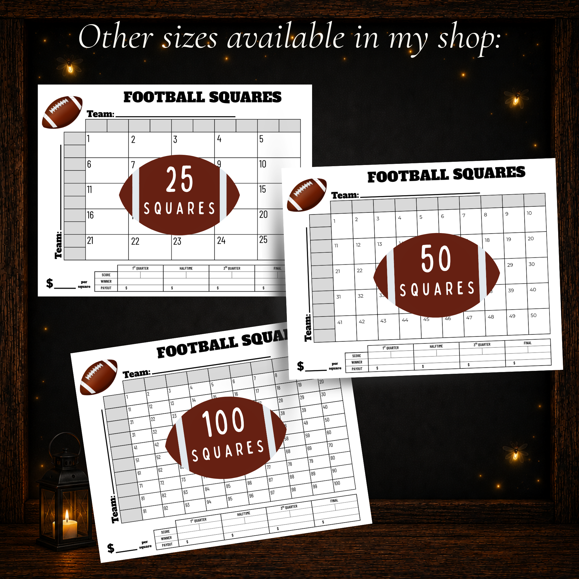 Printable football pool size options showing 25 square, 50 square, and 100 square football pool grids