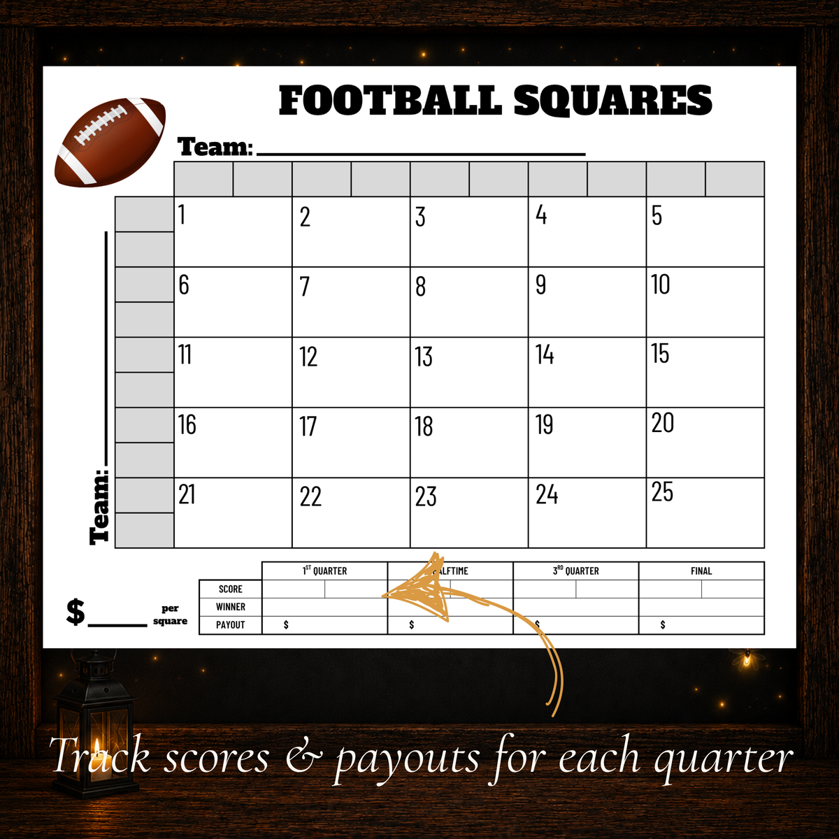 Printable football squares grid with score, winner, and payout tracking for each quarter