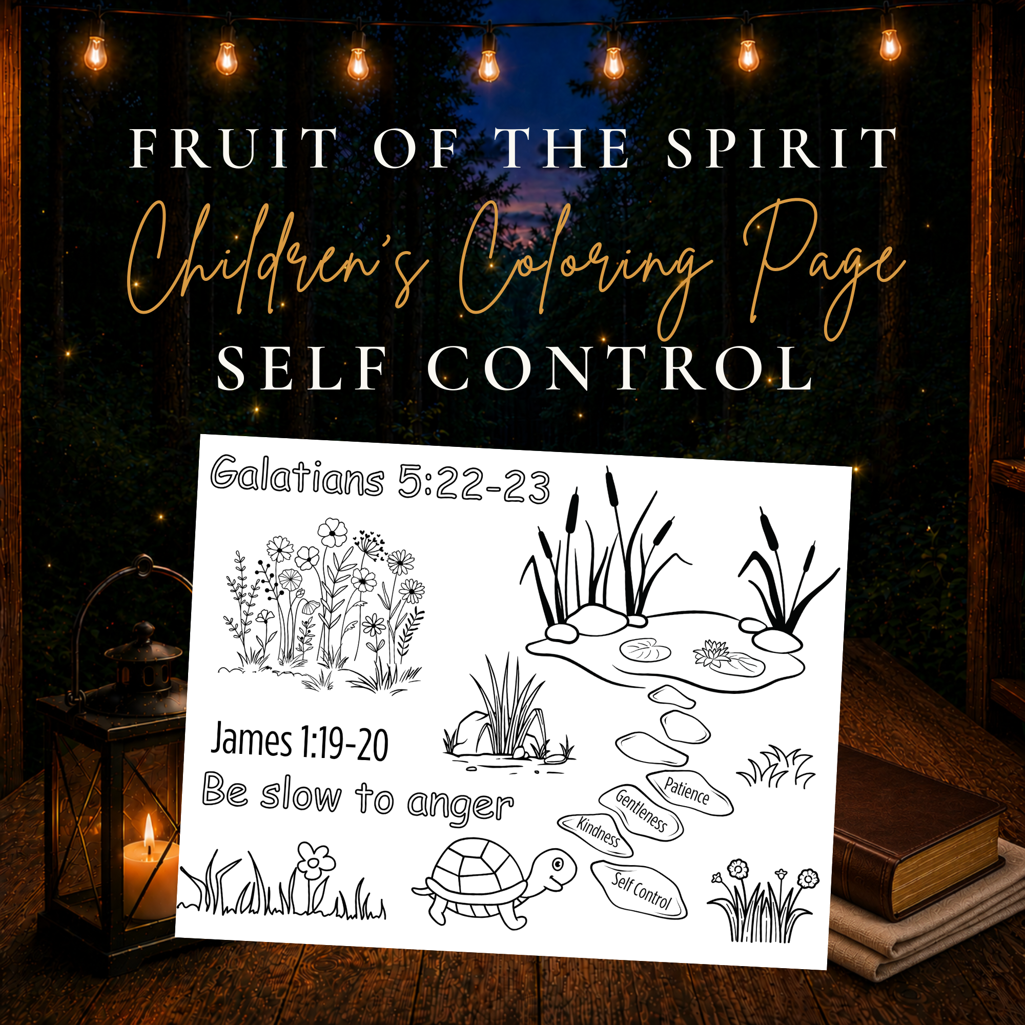Fruit of the Spirit self control children's Bible coloring page printable featuring Galatians 5:22-23 and James 1:19-20