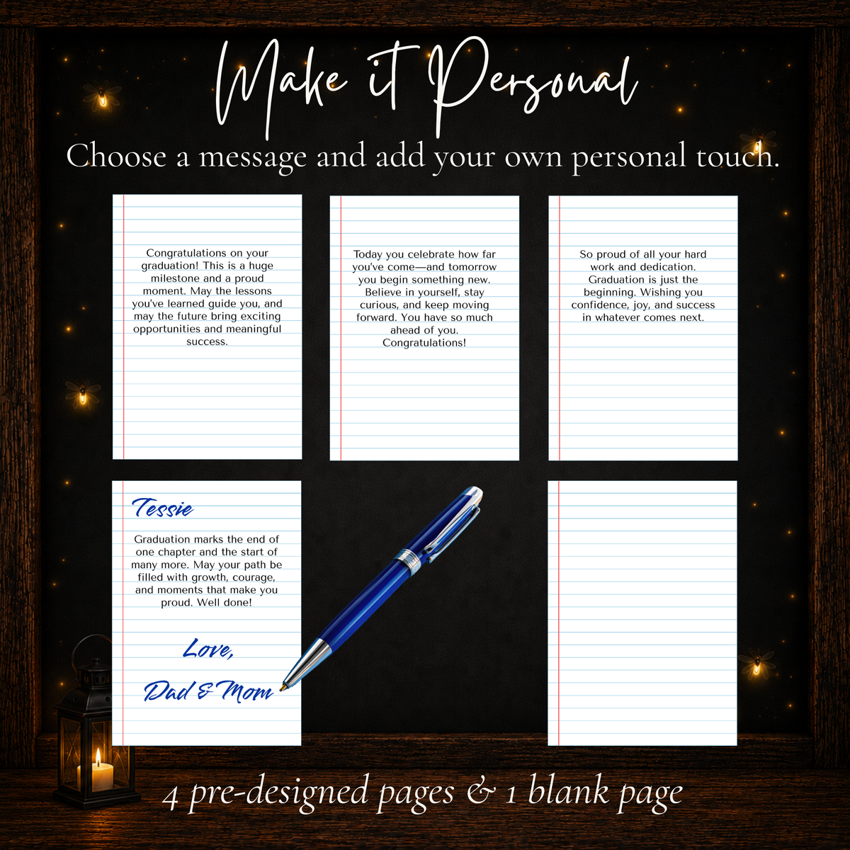 Graduation gift card book printable message page options