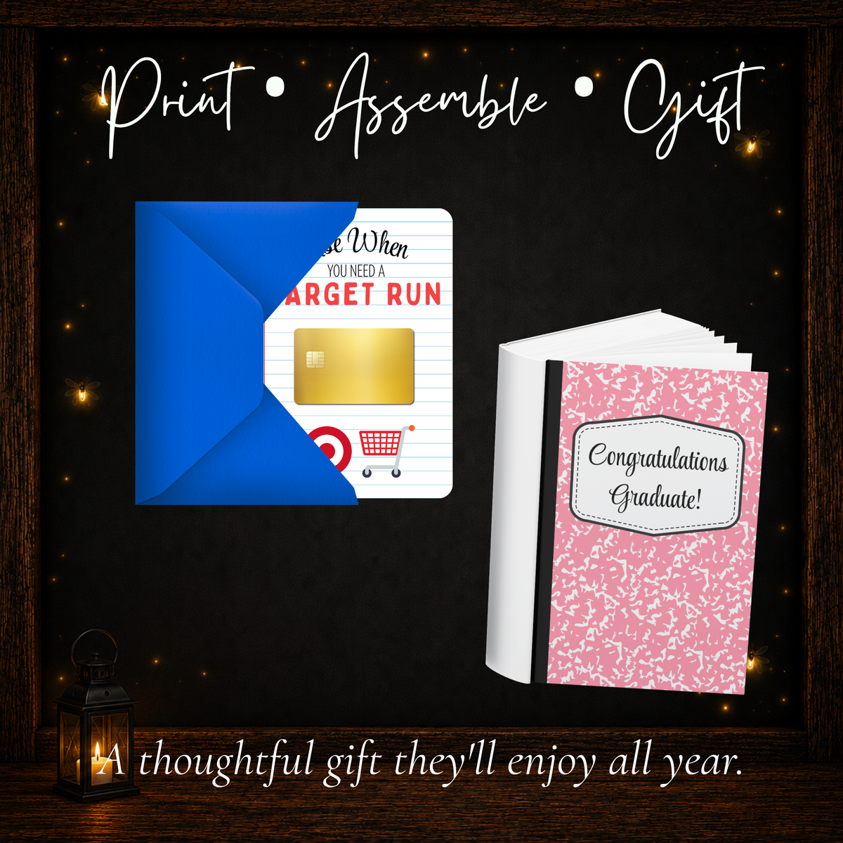 Printable graduation gift card book assembled with gift cards