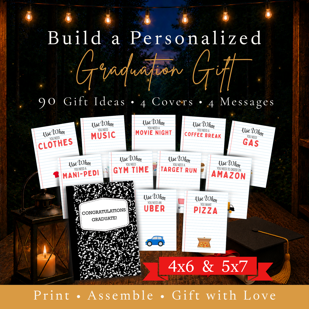 Printable graduation gift card book with 90 gift ideas, 4 covers and 4 messages