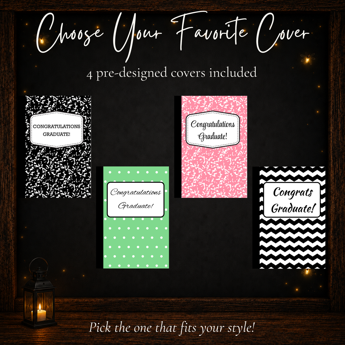 Four printable graduation gift card book cover designs