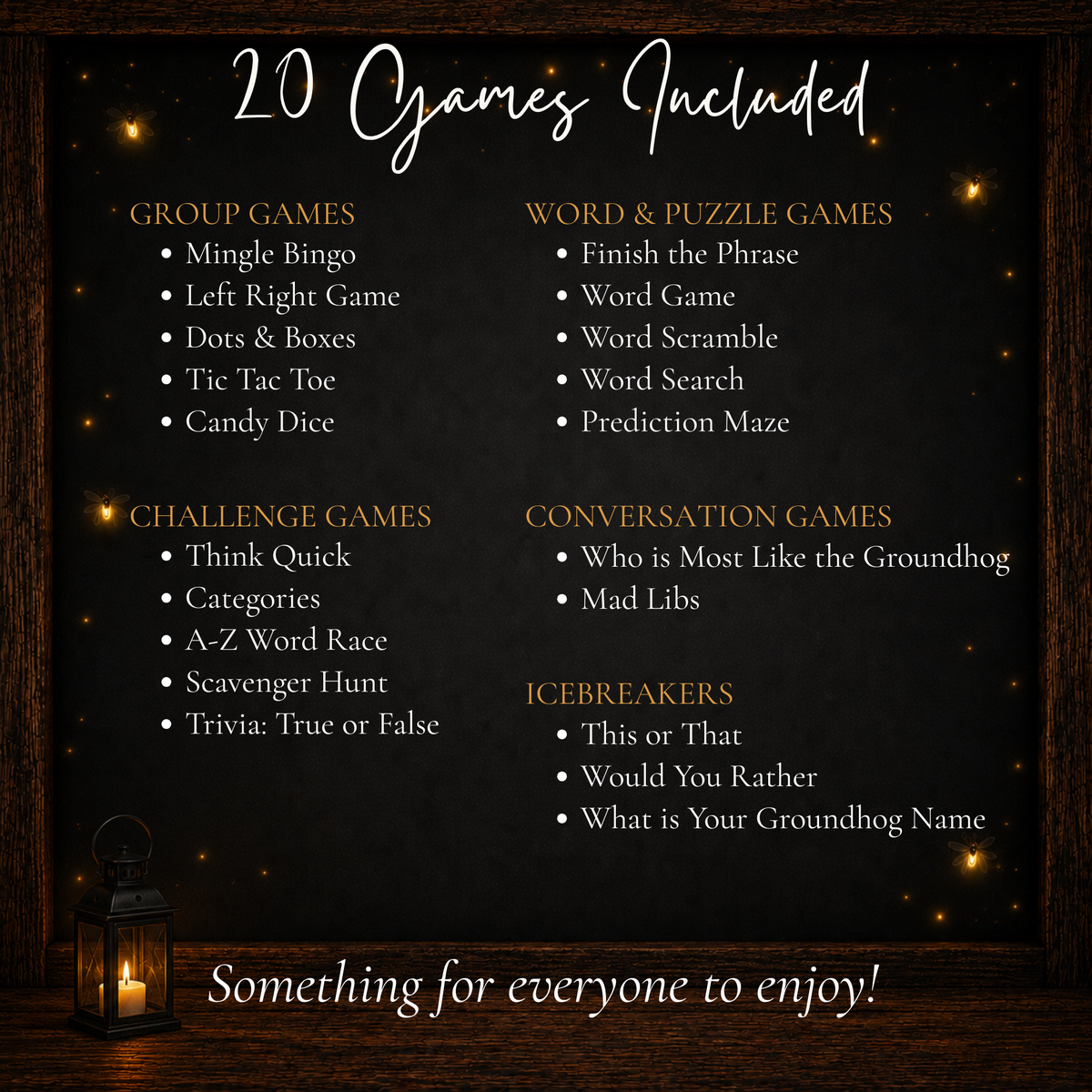 20 Groundhog Day printable games organized into group, challenge, word puzzle, conversation and icebreaker games