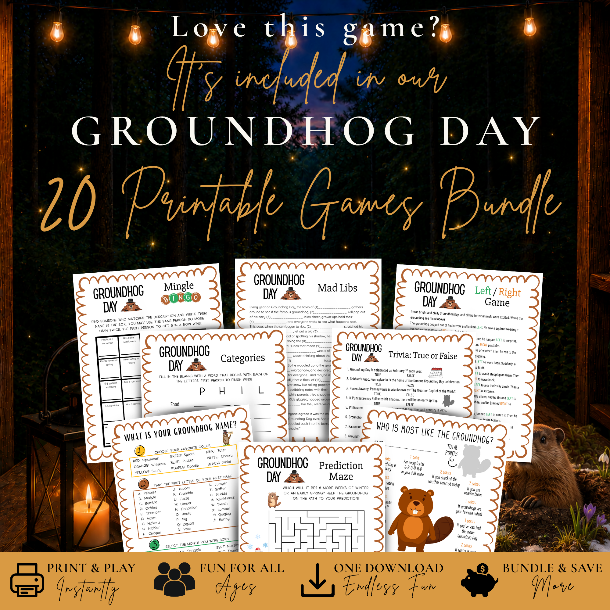 Groundhog Day 20 Printable Games Bundle with maze trivia group games and family activities