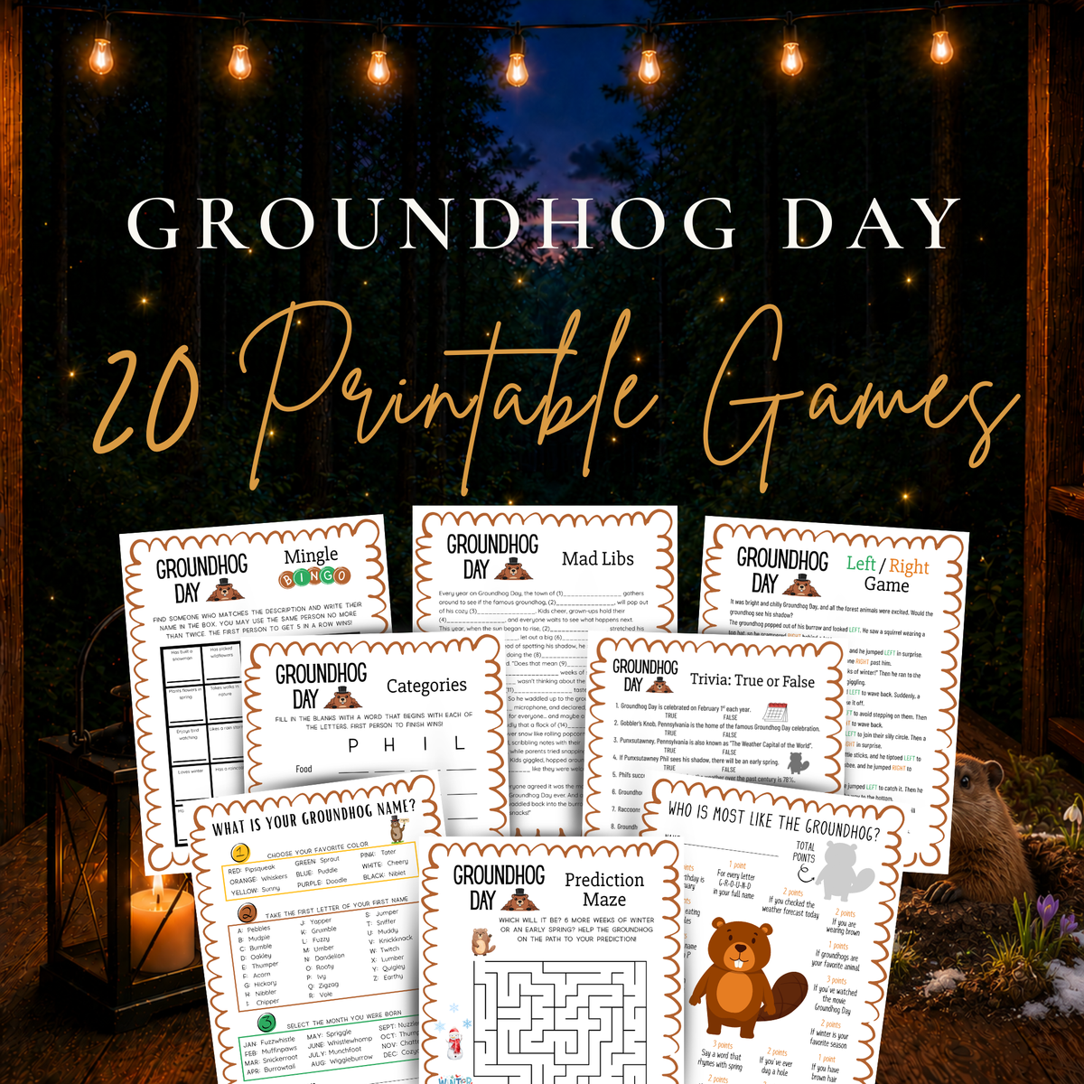 Groundhog Day 20 printable games bundle with family, classroom, party and homeschool activities