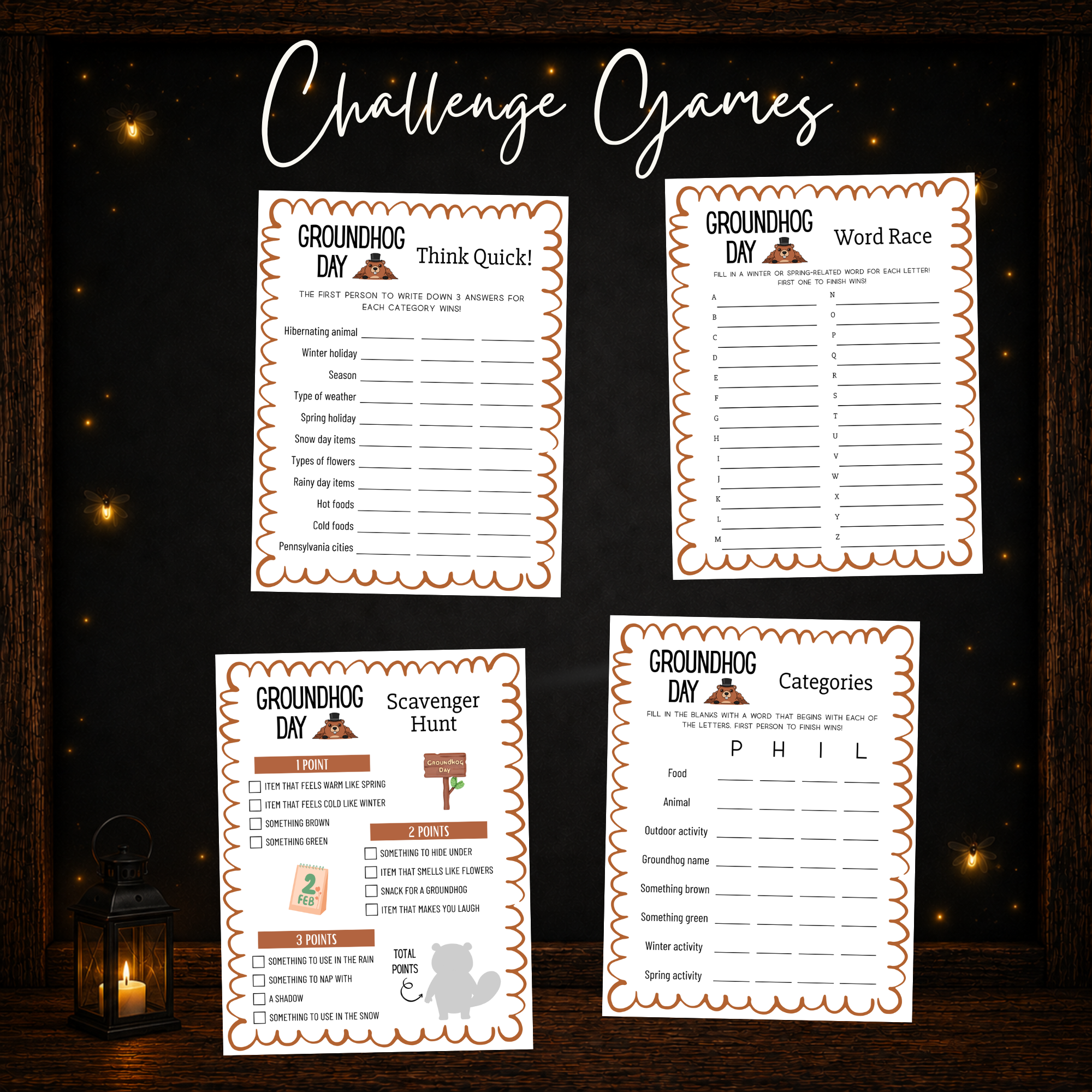 Groundhog Day printable challenge games including Think Quick, Word Race, Scavenger Hunt and Categories