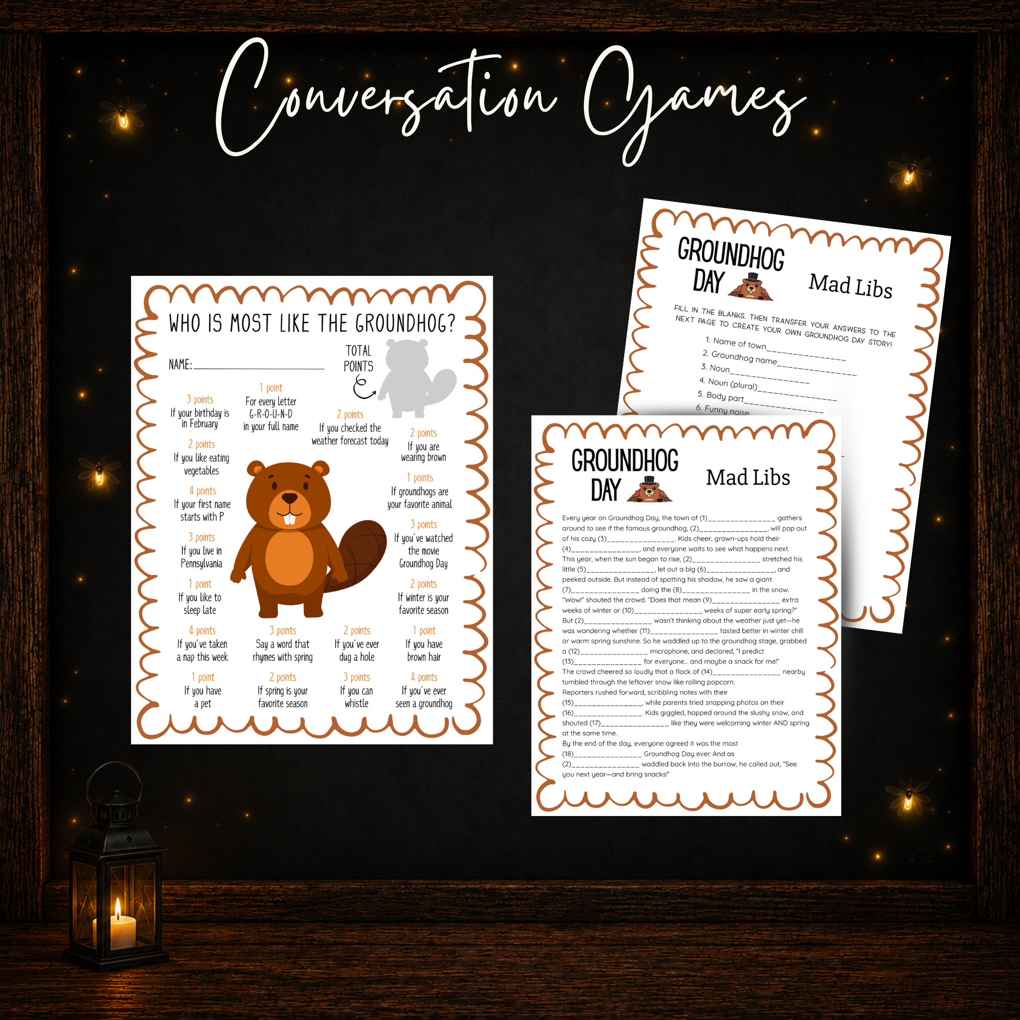 Groundhog Day printable conversation games including Who Is Most Like the Groundhog and Mad Libs