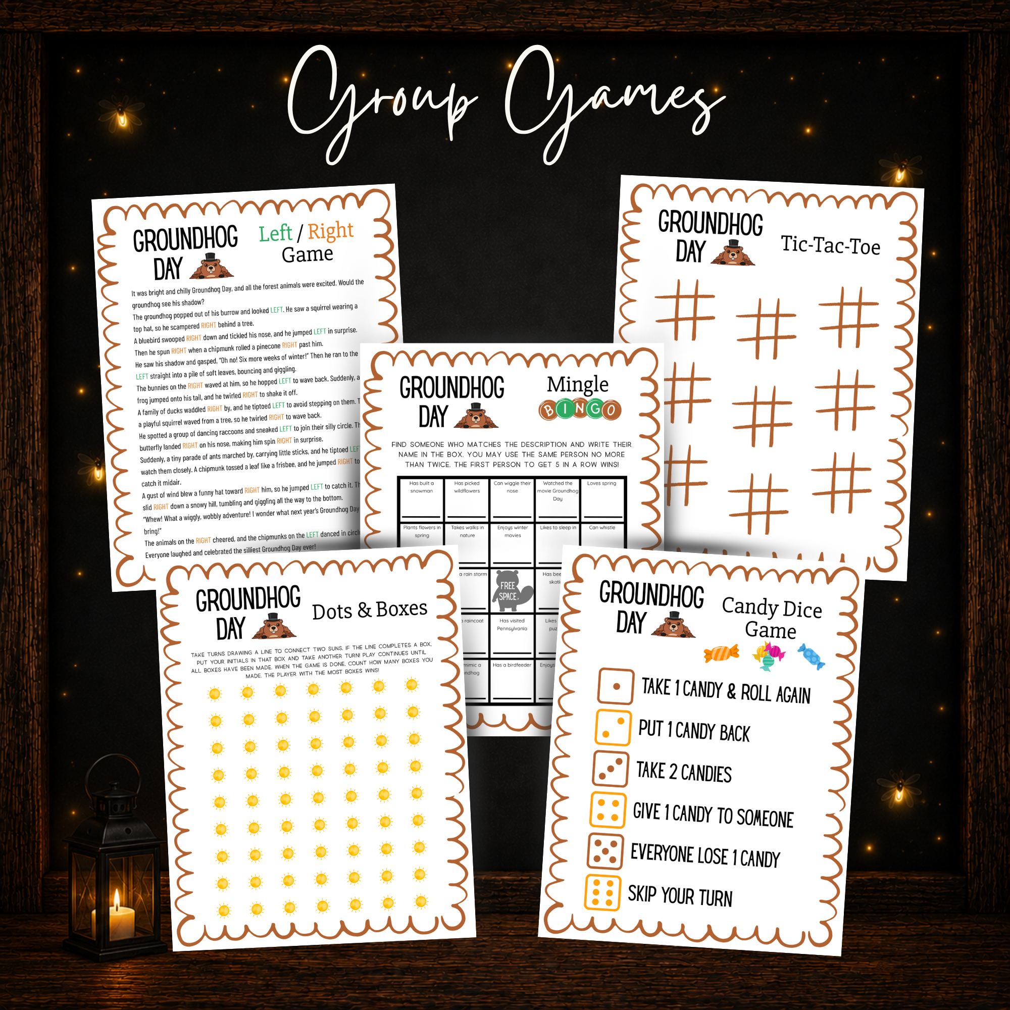 Groundhog Day printable group games including Left Right Game, Mingle Bingo, Tic Tac Toe, Dots and Boxes and Candy Dice