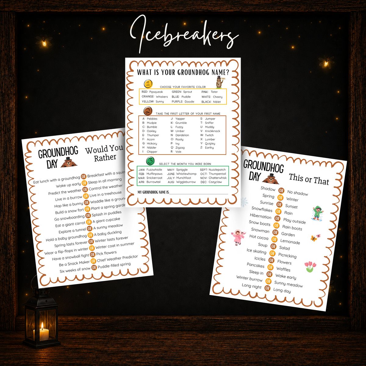 Groundhog Day printable icebreaker games including Would You Rather, This or That and What Is Your Groundhog Name