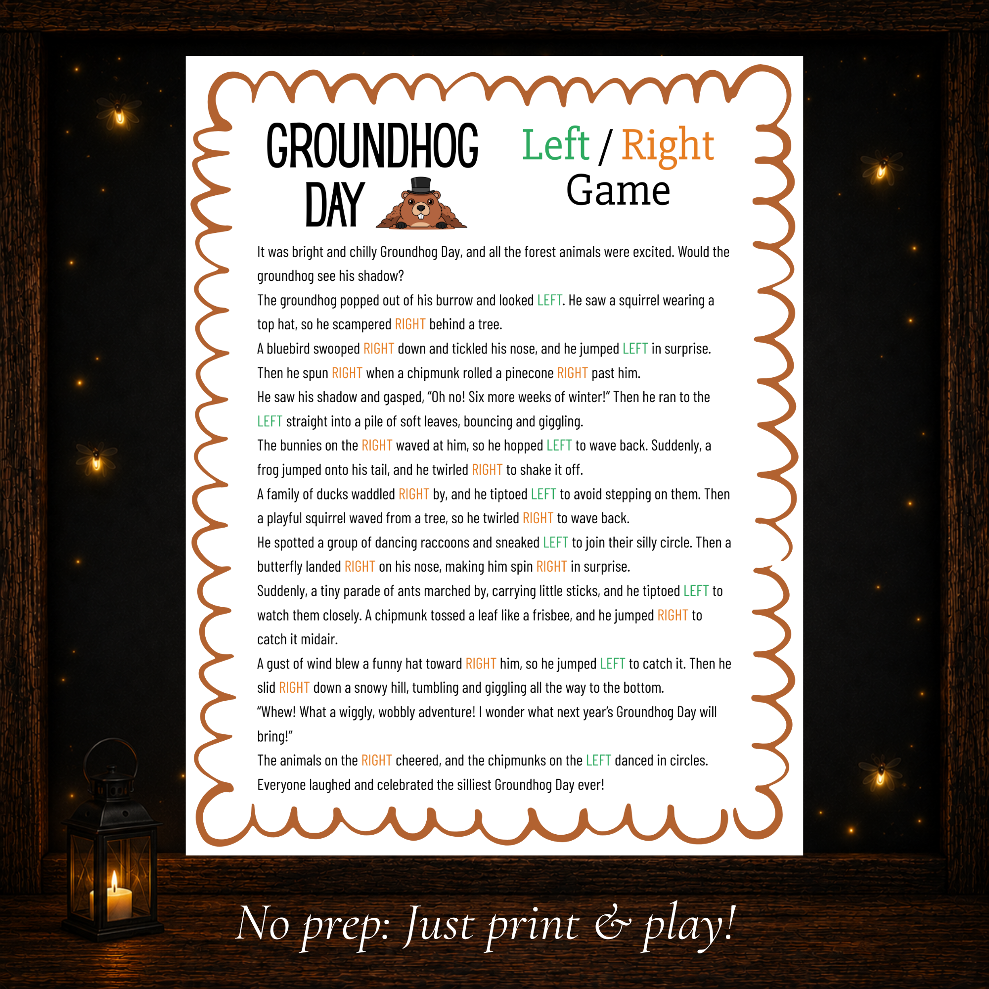 Printable Groundhog Day Left Right Game story sheet for family classroom and homeschool fun