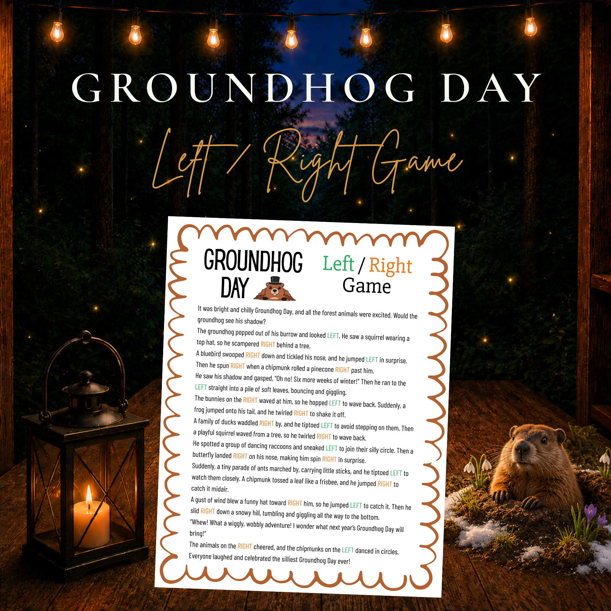 Groundhog Day Left Right Game printable party game with groundhog and woodland theme