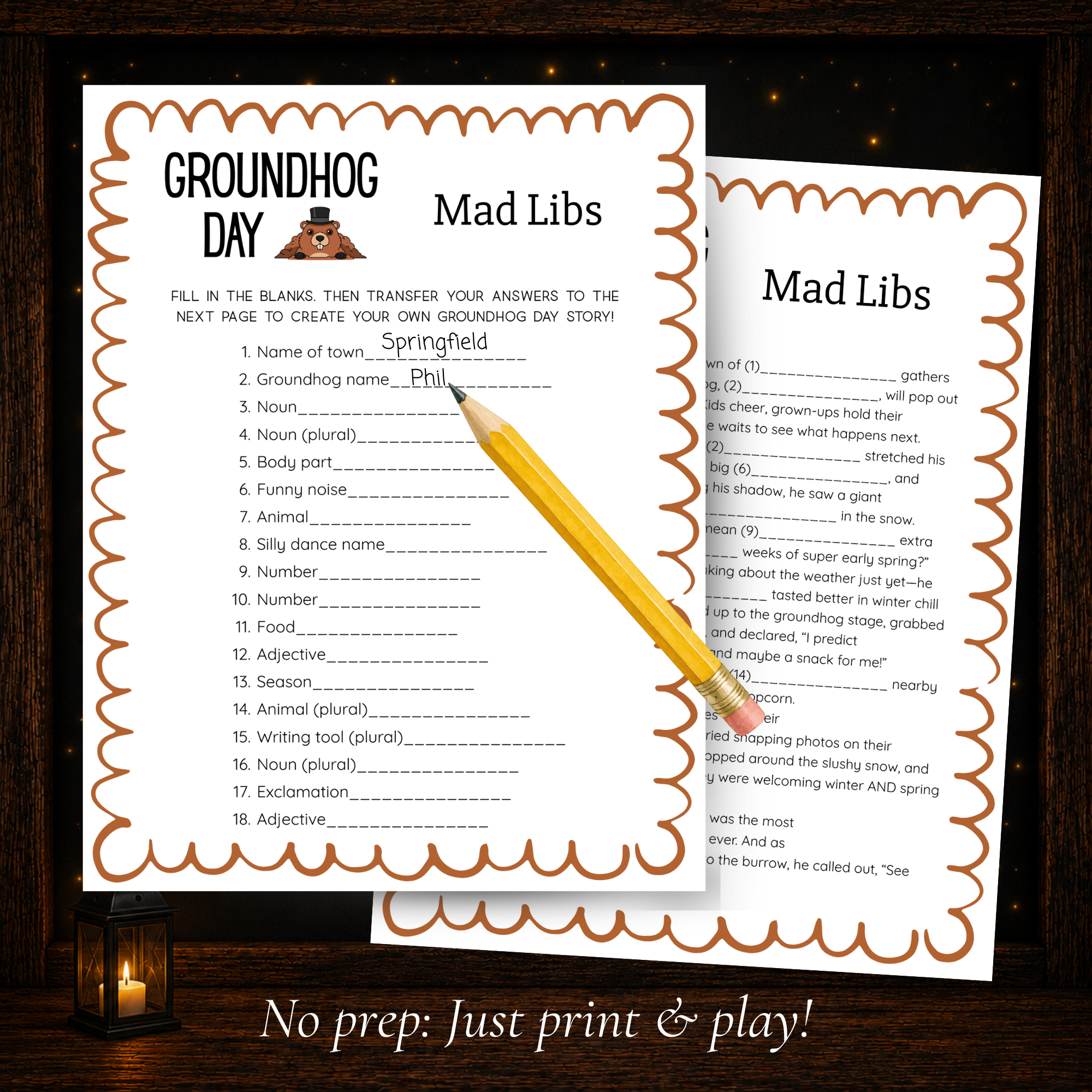 Groundhog Day Mad Libs two page printable game with word list and funny story