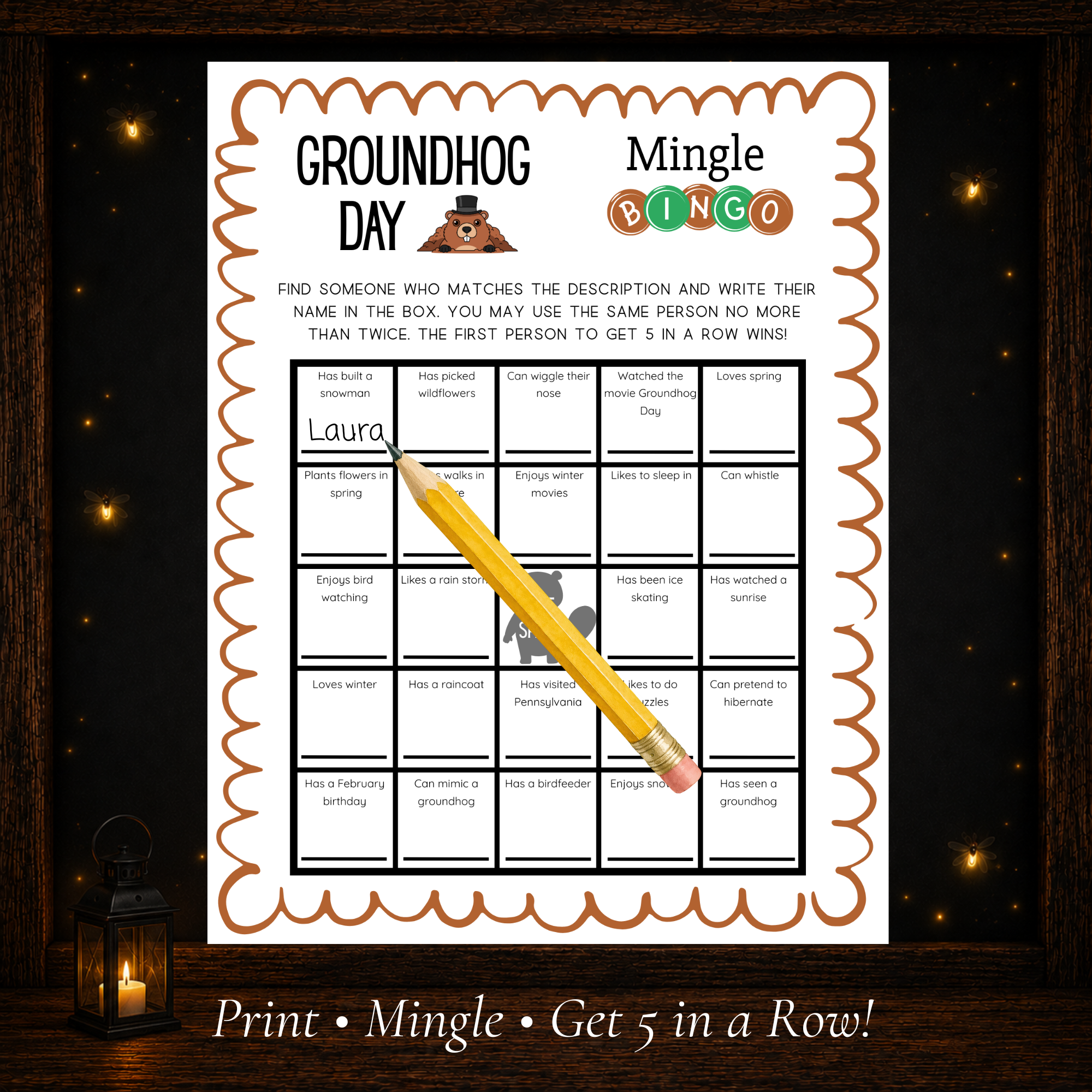 Groundhog Day Mingle Bingo printable game sheet with get-to-know-you prompts