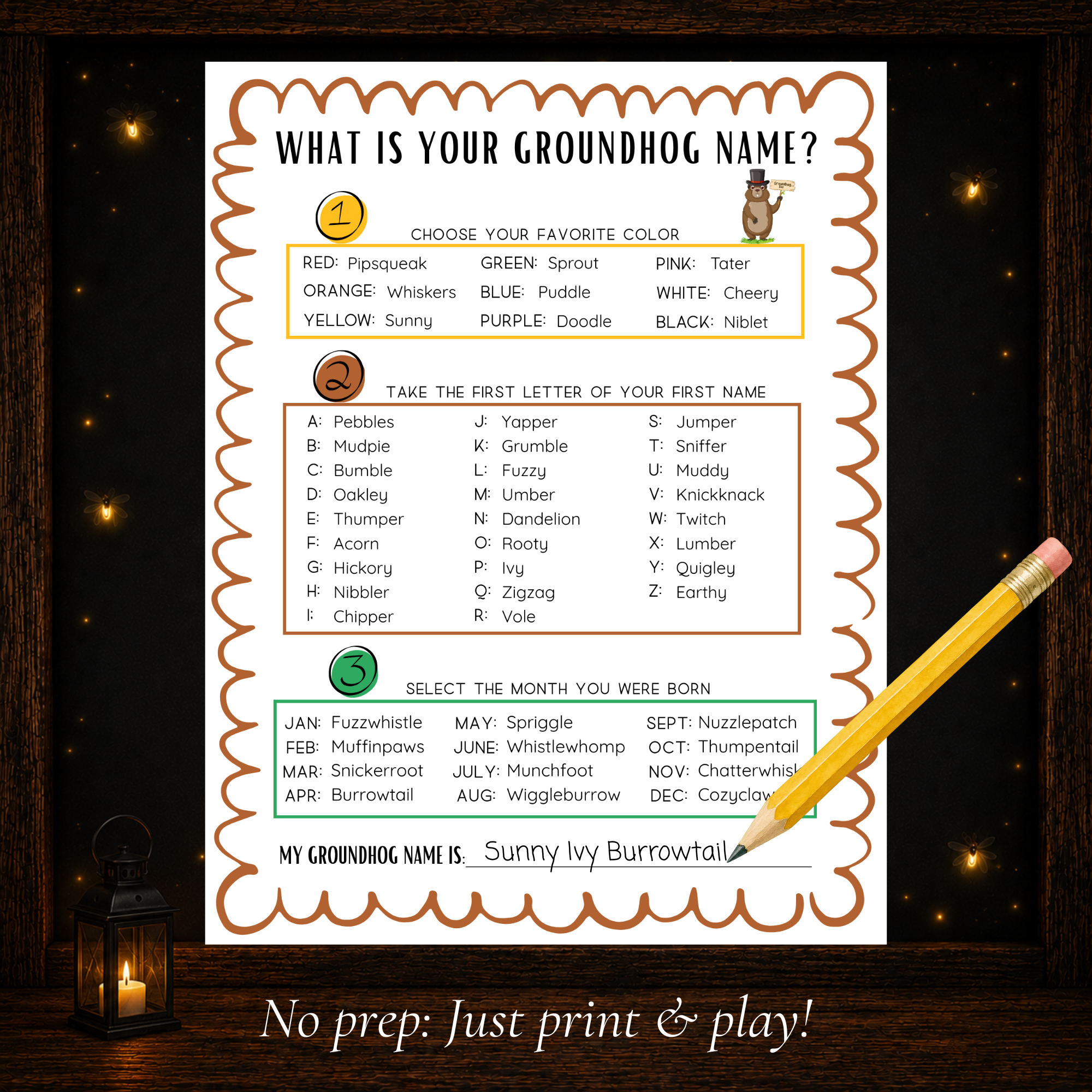 Groundhog Day name game printable showing how to create a funny groundhog name using color first initial and birth month