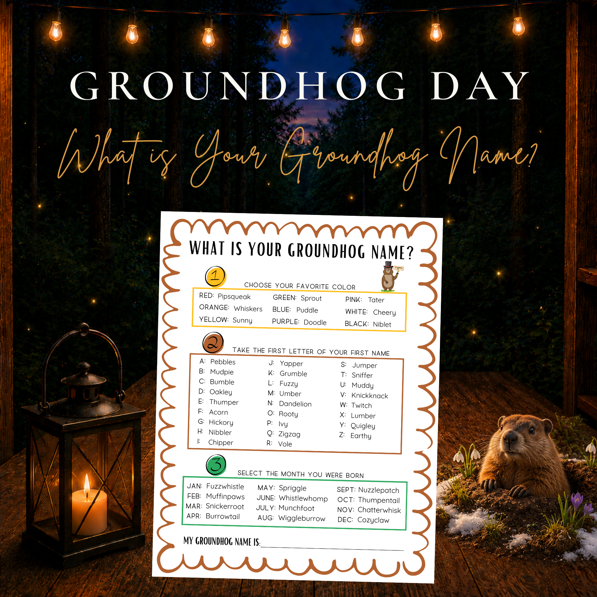 What Is Your Groundhog Name printable Groundhog Day game for kids families classrooms and homeschool groups
