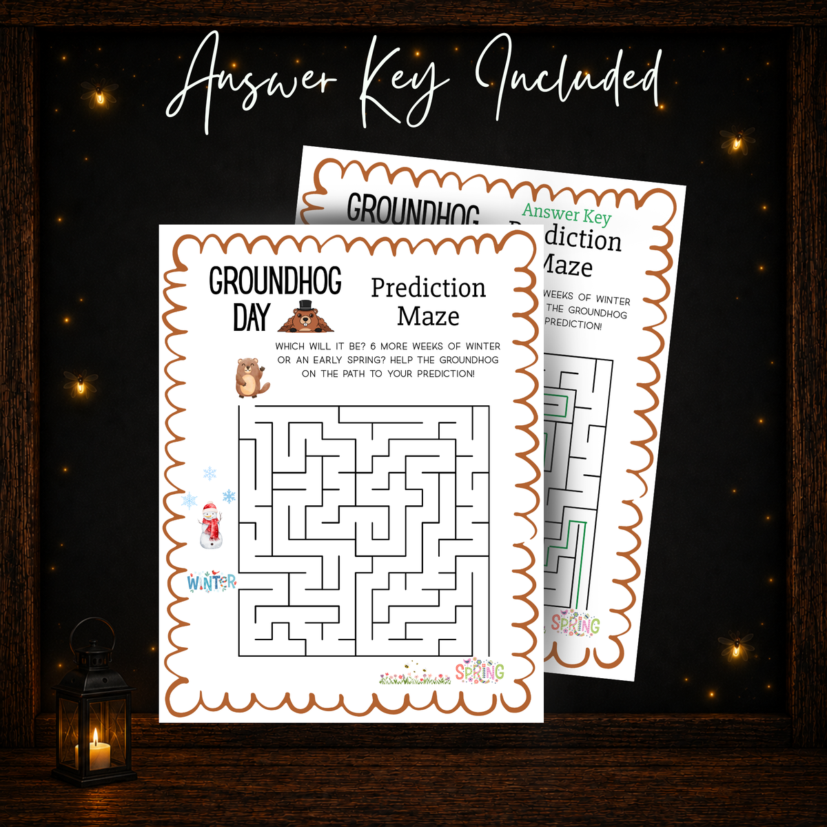 Groundhog Day Prediction Maze printable game with included answer key