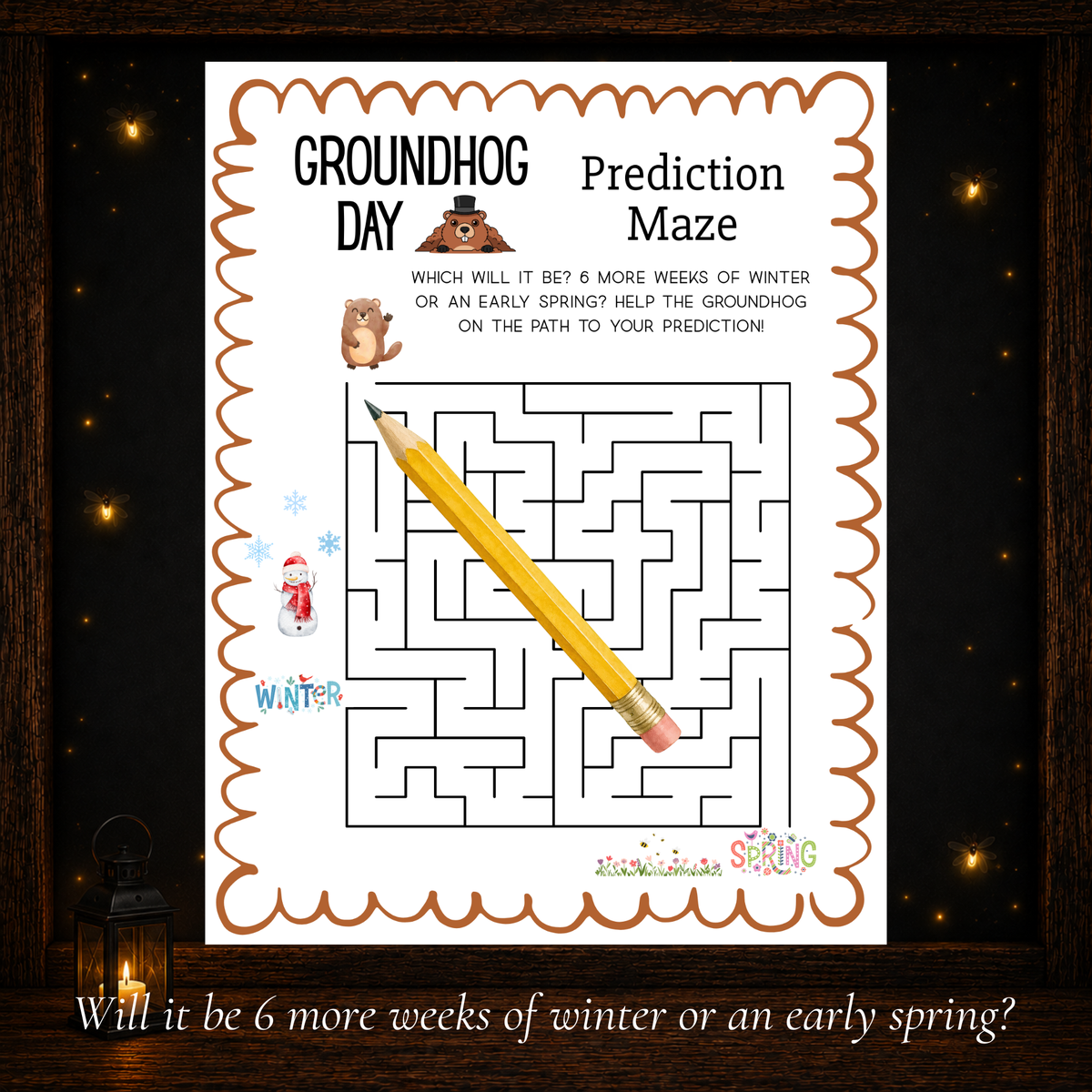 Printable Groundhog Day prediction maze activity for kids to discover winter or early spring